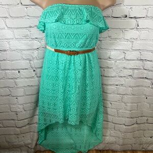 Long Teal Strapless Belted Lace Summer Dress size Large Maurices